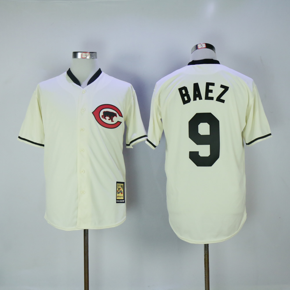 Men Chicago Cubs #9 Baez Cream Throwback MLB Jerseys